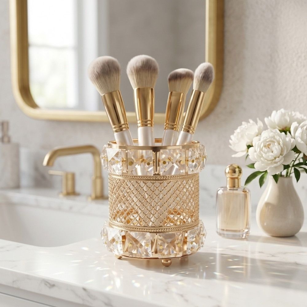 Luxury Skincare And Makeup Brands - Goldener Make-up-Pinselhalter-Organizer, Kristall-Luxus-Stifthalter, Elegante Glitzer-Kosmetik-Aufbewahrungsbox für